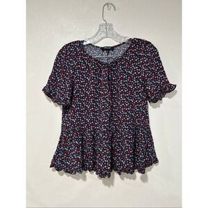 Madewell Women’s Small Black Red Floral Peplum Short Sleeve Ruffle Hem Blouse